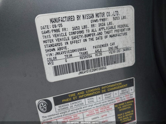 45810293 :رقم المزاد ، JNKAY01E26M109664 vin ، 2006 Infiniti M35 Sport مزاد بيع