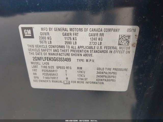 Aukcja sprzedaży 2016 Chevrolet Equinox Lt, vin: 2GNFLFEK5G6353499, numer aukcji: 45810296