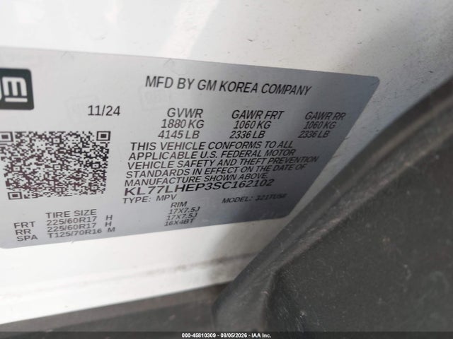 Продаж на аукціоні авто 2025 Chevrolet Trax Fwd Lt, vin: KL77LHEP3SC162102, номер лоту: 45810309