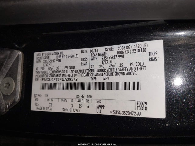 45810312 :رقم المزاد ، 1FMCU0F73FUA39572 vin ، 2015 Ford Escape S مزاد بيع
