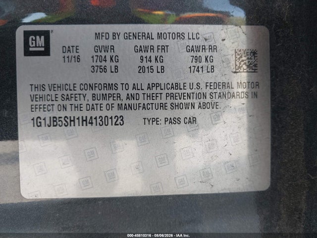 Продаж на аукціоні авто 2017 Chevrolet Sonic Ls Auto, vin: 1G1JB5SH1H4130123, номер лоту: 45810316