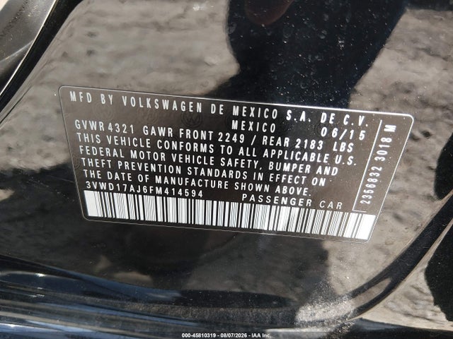 Aukcja sprzedaży 2015 Volkswagen Jetta 1.8t Se, vin: 3VWD17AJ6FM414594, numer aukcji: 45810319