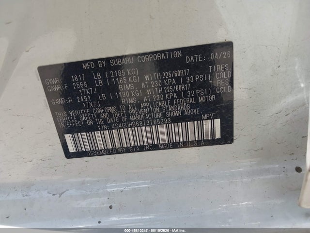 45810347 :رقم المزاد ، 4S4GUHB68T3765393 vin ، 2026 Subaru Crosstrek مزاد بيع