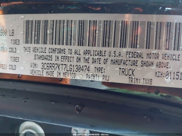 45810349 :رقم المزاد ، 3C6RR7KT7LG130474 vin ، 2020 Ram 1500 Classic Tradesman  4x4 5'7 Box مزاد بيع
