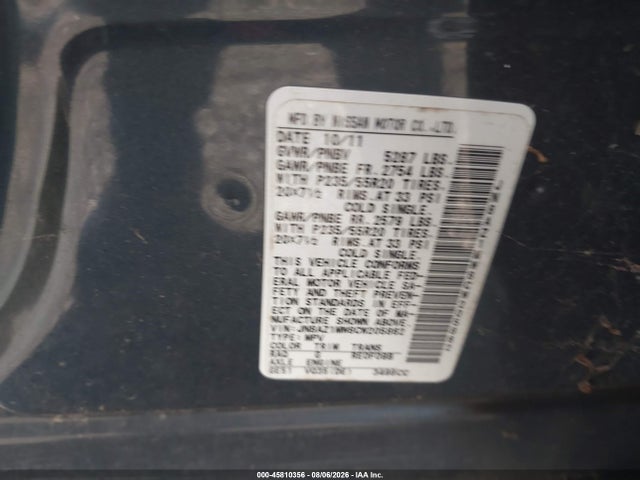 Продаж на аукціоні авто 2012 Nissan Murano Le, vin: JN8AZ1MW8CW205862, номер лоту: 45810356