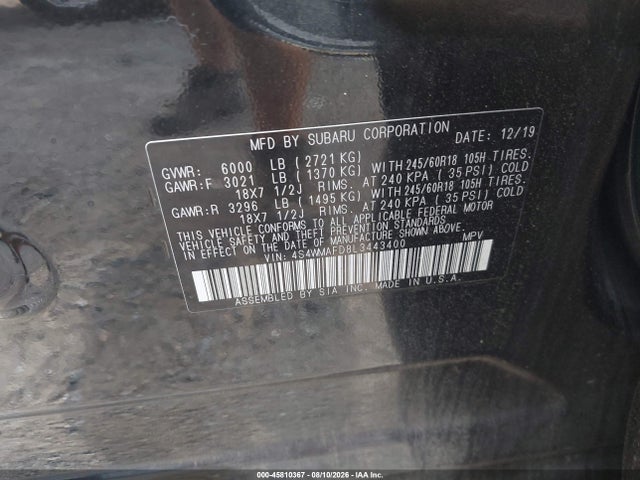 2020 Subaru Ascent Premium მანქანა იყიდება აუქციონზე, vin: 4S4WMAFD8L3443400, აუქციონის ნომერი: 45810367