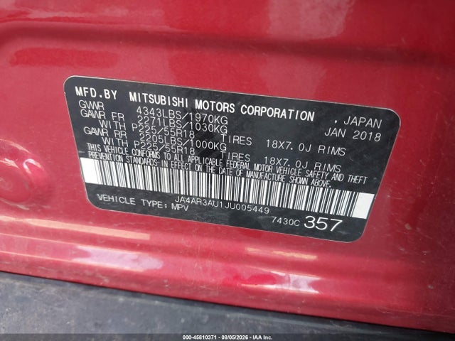 2018 Mitsubishi Outlander Sport 2.0 Le მანქანა იყიდება აუქციონზე, vin: JA4AR3AU1JU005449, აუქციონის ნომერი: 45810371