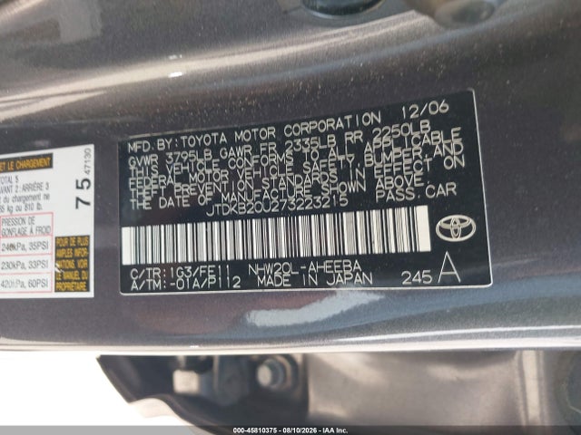 Aukcja sprzedaży 2007 Toyota Prius, vin: JTDKB20U273223215, numer aukcji: 45810375