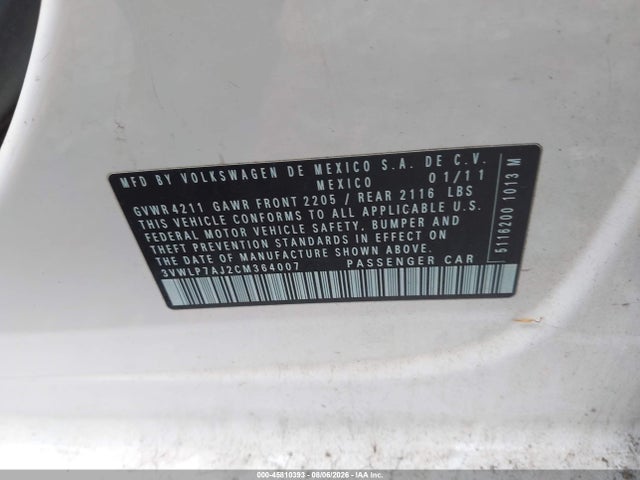 Продажа на аукционе авто 2012 Volkswagen Jetta 2.5l Sel, vin: 3VWLP7AJ2CM364007, номер лота: 45810393