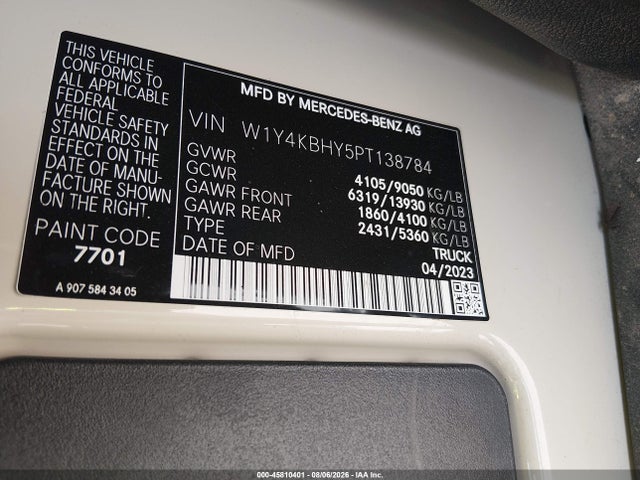 2023 Mercedes-benz Sprinter 2500 Standard Roof 4-cyl Diesel მანქანა იყიდება აუქციონზე, vin: W1Y4KBHY5PT138784, აუქციონის ნომერი: 45810401