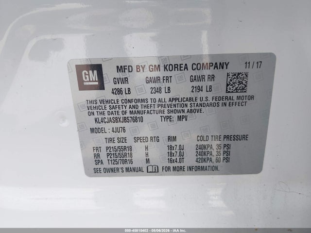 2018 Buick Encore Preferred მანქანა იყიდება აუქციონზე, vin: KL4CJASBXJB576810, აუქციონის ნომერი: 45810402