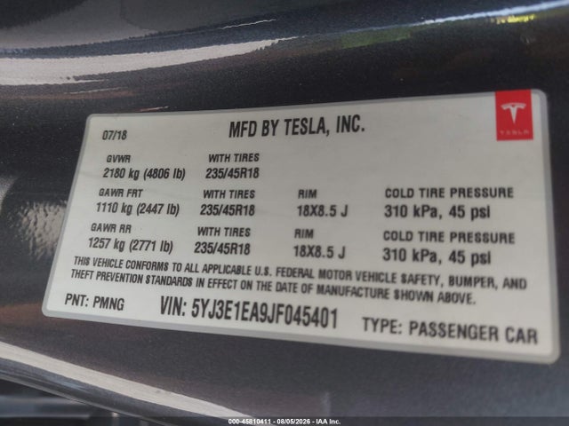 5YJ3E1EA9JF045401 Tesla Model 3 Long Range/mid Range