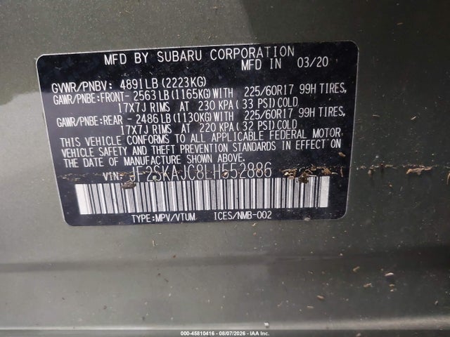 Продаж на аукціоні авто 2020 Subaru Forester Premium, vin: JF2SKAJC8LH552886, номер лоту: 45810416