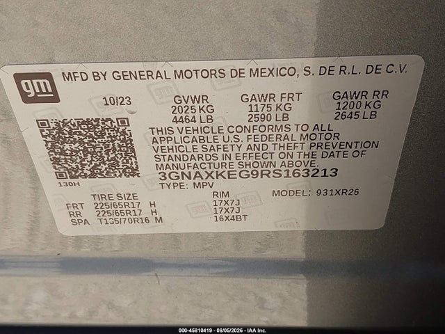 Aukcja sprzedaży 2024 Chevrolet Equinox Fwd Lt, vin: 3GNAXKEG9RS163213, numer aukcji: 45810419