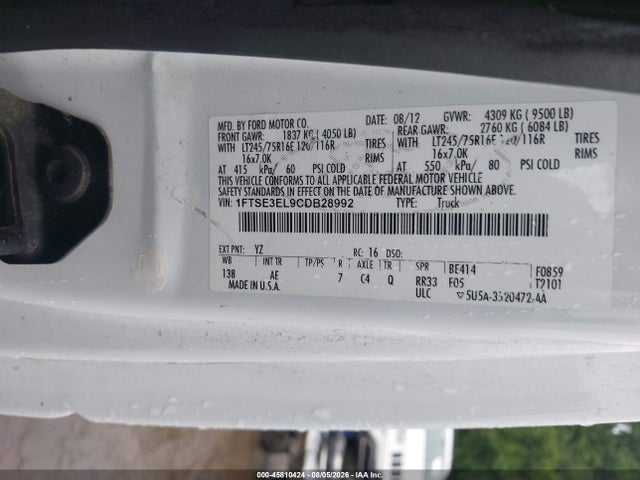 45810424 :رقم المزاد ، 1FTSE3EL9CDB28992 vin ، 2012 Ford E-350 Super Duty Commercial مزاد بيع