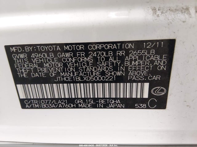 Продажа на аукционе авто 2013 Lexus Gs 350, vin: JTHCE1BLXD5000221, номер лота: 45810430