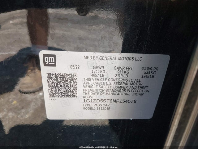 45810454 :رقم المزاد ، 1G1ZD5ST6NF154578 vin ، 2022 Chevrolet Malibu Fwd Lt مزاد بيع