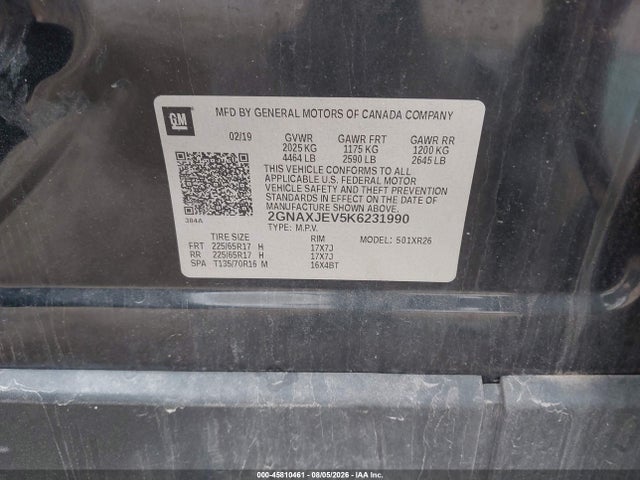 45810461 :رقم المزاد ، 2GNAXJEV5K6231990 vin ، 2019 Chevrolet Equinox Lt مزاد بيع