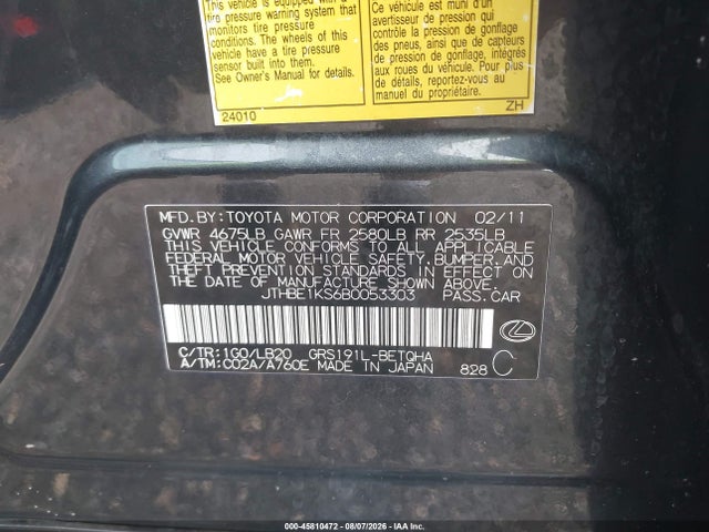 2011 Lexus Gs 350 მანქანა იყიდება აუქციონზე, vin: JTHBE1KS6B0053303, აუქციონის ნომერი: 45810472