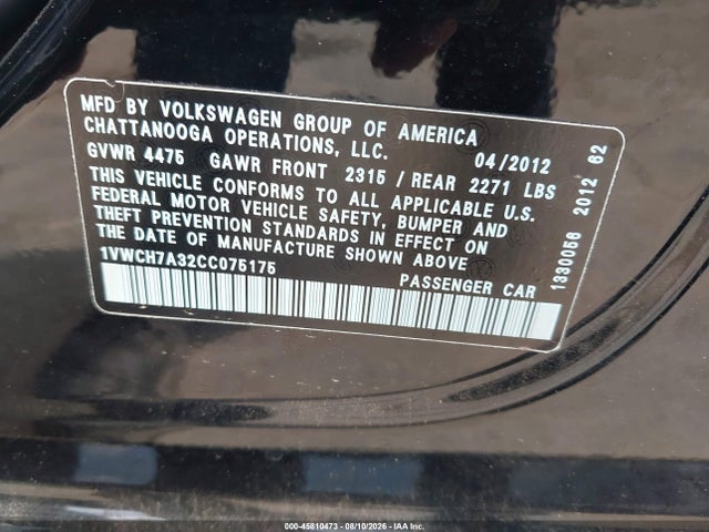 2012 Volkswagen Passat 2.5l Sel მანქანა იყიდება აუქციონზე, vin: 1VWCH7A32CC075175, აუქციონის ნომერი: 45810473