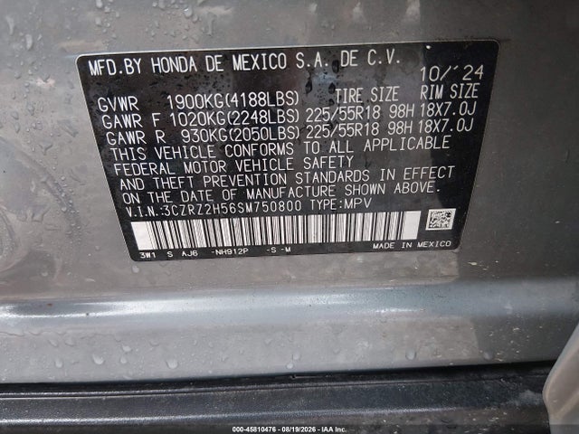 2025 Honda Hr-v Awd Sport მანქანა იყიდება აუქციონზე, vin: 3CZRZ2H56SM750800, აუქციონის ნომერი: 45810476
