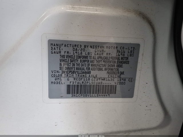 2020 Nissan Kicks S Xtronic Cvt მანქანა იყიდება აუქციონზე, vin: 3N1CP5BV1LL544449, აუქციონის ნომერი: 45810485