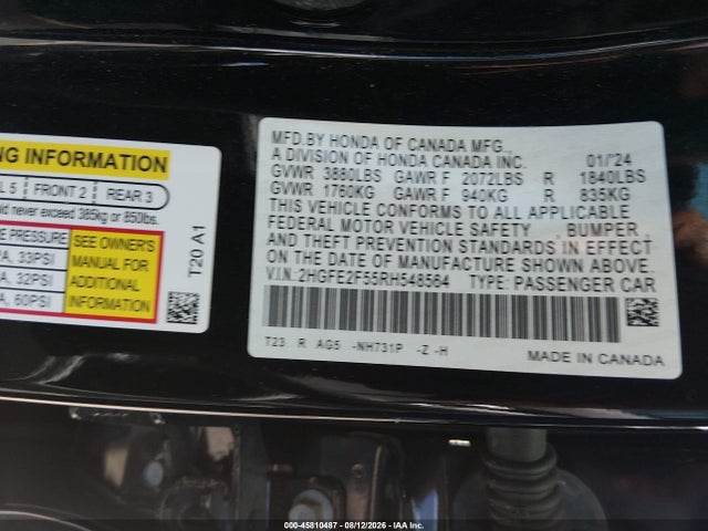 Продажа на аукционе авто 2024 Honda Civic Sport, vin: 2HGFE2F55RH548564, номер лота: 45810487
