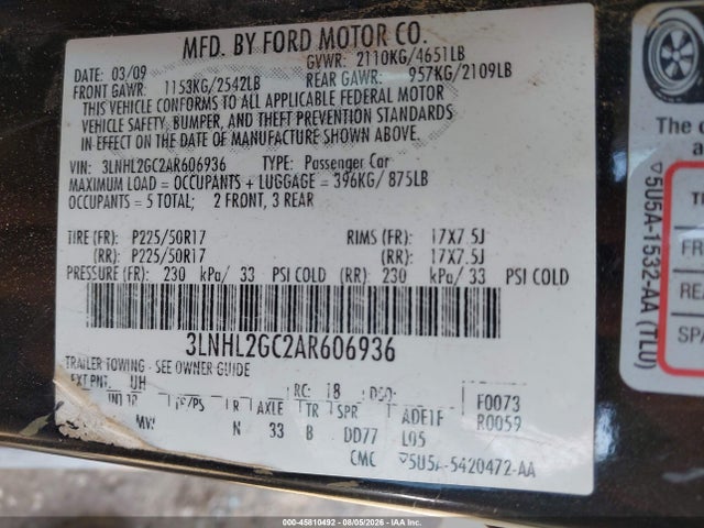 45810492 :رقم المزاد ، 3LNHL2GC2AR606936 vin ، 2010 Lincoln Mkz مزاد بيع