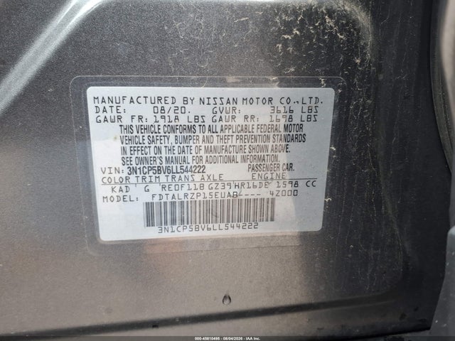 Продаж на аукціоні авто 2020 Nissan Kicks S Xtronic Cvt, vin: 3N1CP5BV6LL544222, номер лоту: 45810495
