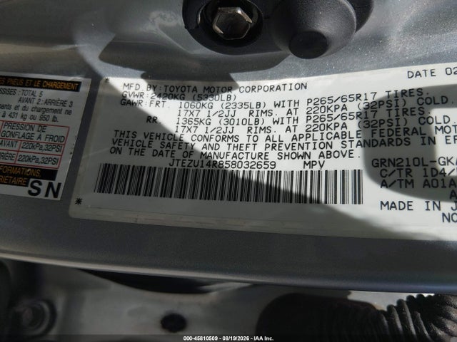 45810509 :رقم المزاد ، JTEZU14R858032659 vin ، 2005 Toyota 4runner Sr5 V6 مزاد بيع