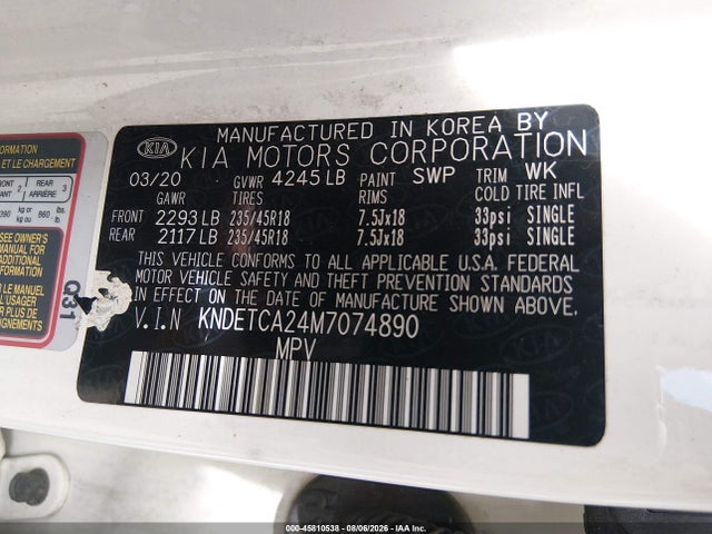 Aukcja sprzedaży 2021 Kia Seltos Sx Turbo, vin: KNDETCA24M7074890, numer aukcji: 45810538