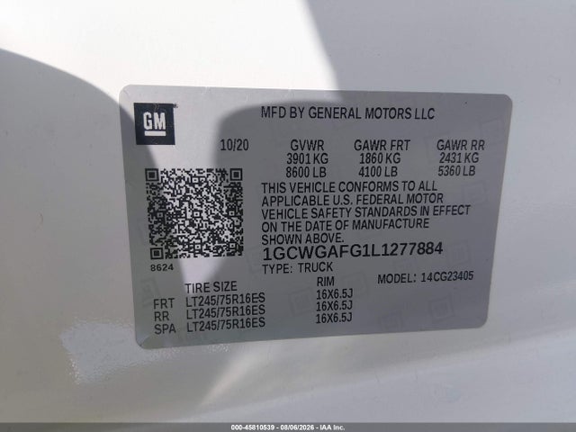 1GCWGAFG1L1277884 Chevrolet Express Cargo Rwd 2500 Regular Wheelbase Wt