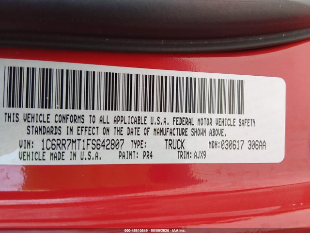 45810549 :رقم المزاد ، 1C6RR7MT1FS642807 vin ، 2015 Ram 1500 Sport مزاد بيع