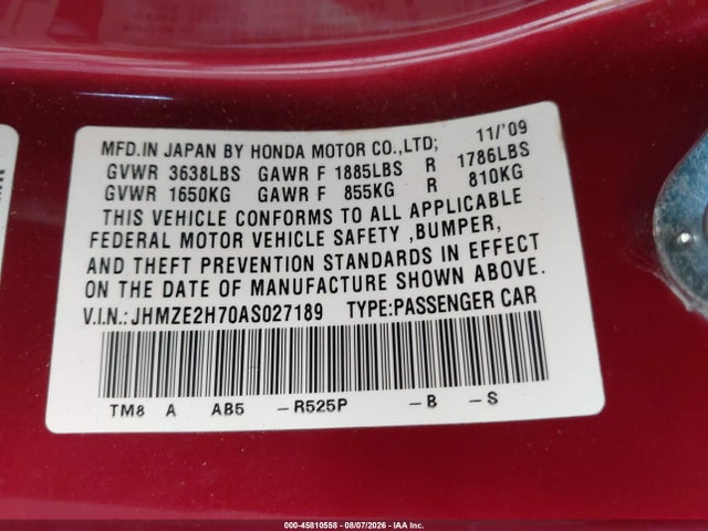Aukcja sprzedaży 2010 Honda Insight Ex, vin: JHMZE2H70AS027189, numer aukcji: 45810558