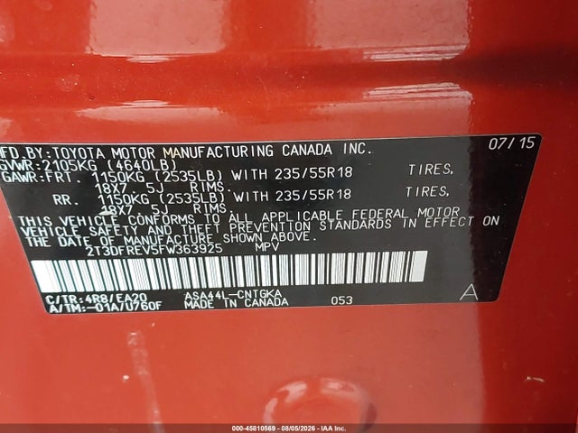 Toyota Rav4 Limited 2015 2T3DFREV5FW363925 Image 9