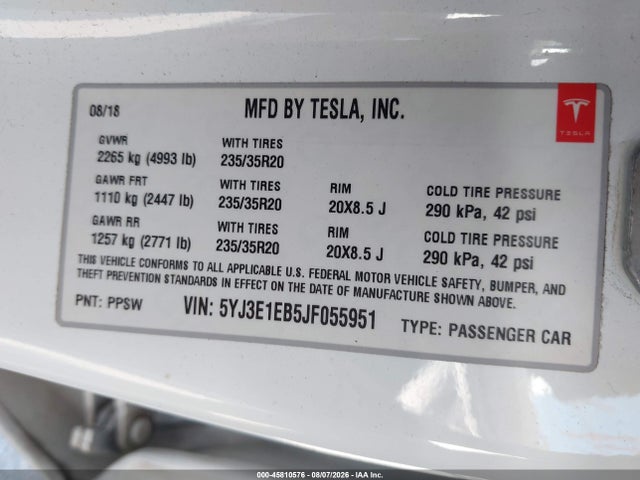 Продаж на аукціоні авто 2018 Tesla Model 3 Long Range/performance, vin: 5YJ3E1EB5JF055951, номер лоту: 45810576