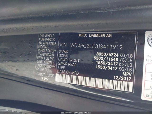 45810607 :رقم المزاد ، WD4PG2EE3J3411912 vin ، 2018 Mercedes-benz Metris مزاد بيع