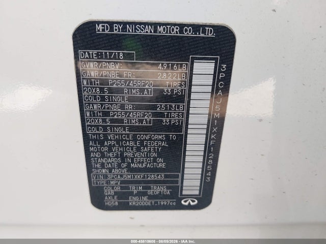 Aukcja sprzedaży 2019 Infiniti Qx50 Essential, vin: 3PCAJ5M1XKF128543, numer aukcji: 45810608