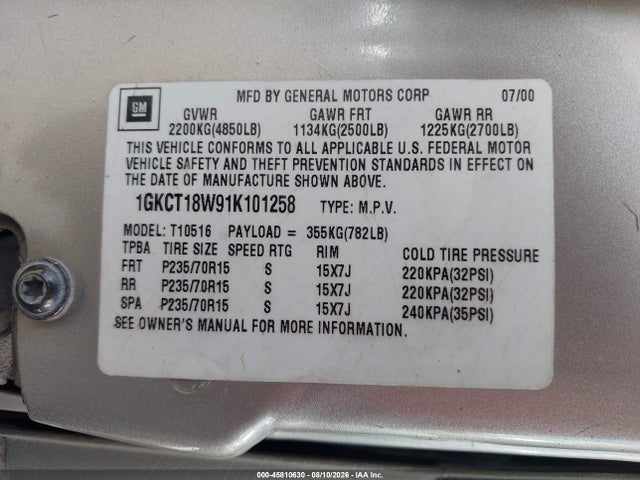 Aukcja sprzedaży 2001 Gmc Jimmy Sls W/1sb, vin: 1GKCT18W91K101258, numer aukcji: 45810630