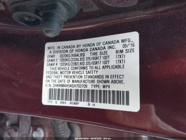 Продажа на аукционе авто 2016 Honda Cr-v Ex, vin: 2HKRM4H54GH702709, номер лота: 45810638