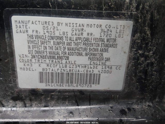 Продаж на аукціоні авто 2021 Nissan Versa Sv Xtronic Cvt, vin: 3N1CN8EV8ML890728, номер лоту: 45810645