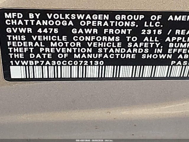 2012 Volkswagen Passat 2.5l Se მანქანა იყიდება აუქციონზე, vin: 1VWBP7A30CC072130, აუქციონის ნომერი: 45810648