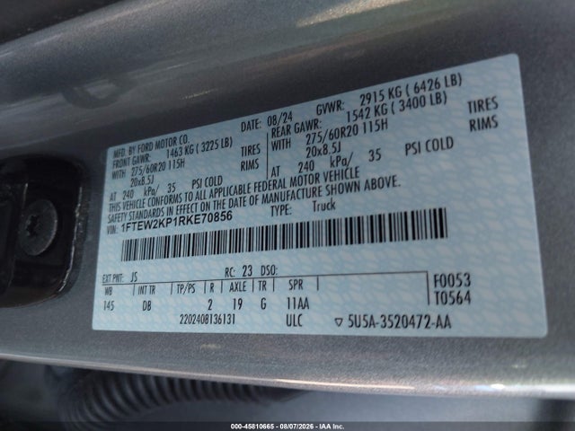 45810665 :رقم المزاد ، 1FTEW2KP1RKE70856 vin ، 2024 Ford F-150 Stx مزاد بيع