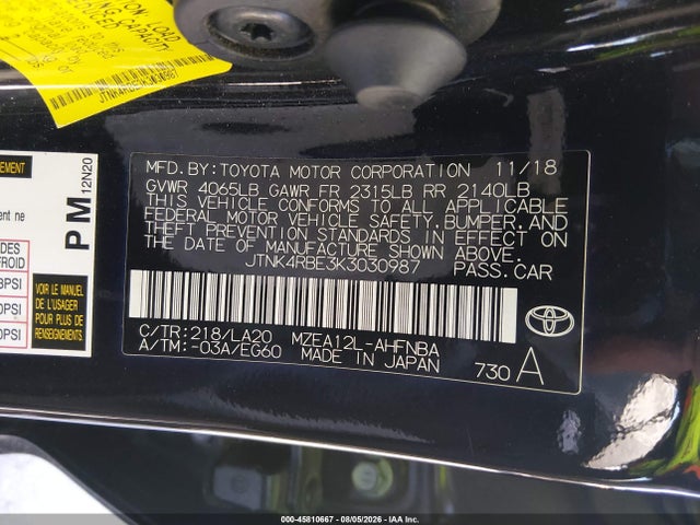 Продаж на аукціоні авто 2019 Toyota Corolla Xse, vin: JTNK4RBE3K3030987, номер лоту: 45810667