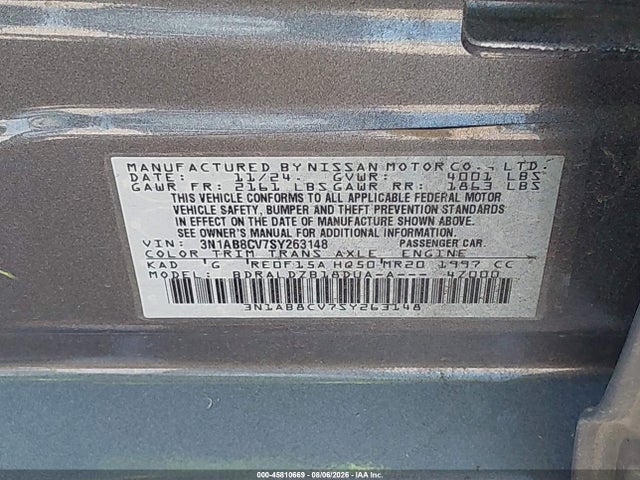 Продаж на аукціоні авто 2025 Nissan Sentra Sv, vin: 3N1AB8CV7SY263148, номер лоту: 45810669