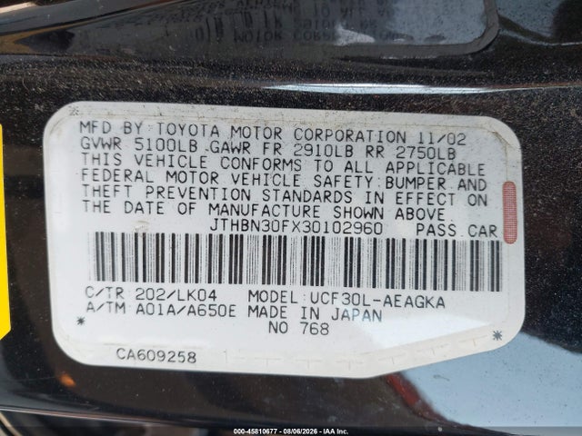 45810677 :رقم المزاد ، JTHBN30FX30102960 vin ، 2003 Lexus Ls 430 مزاد بيع