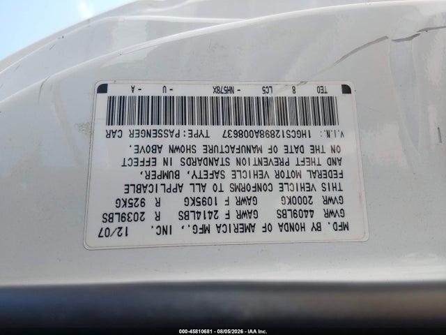 Aukcja sprzedaży 2008 Honda Accord 2.4 Ex-l, vin: 1HGCS12898A008637, numer aukcji: 45810681