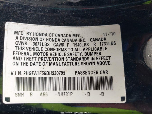 2011 Honda Civic Lx მანქანა იყიდება აუქციონზე, vin: 2HGFA1F56BH530795, აუქციონის ნომერი: 45810689
