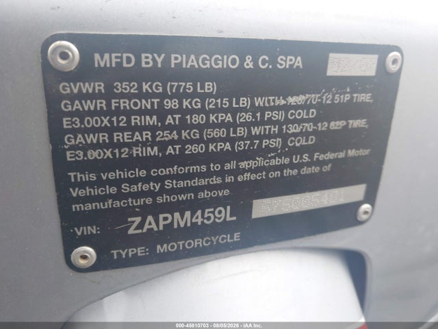 Aukcja sprzedaży 2007 Vespa Gts 250, vin: ZAPM459L575005481, numer aukcji: 45810703