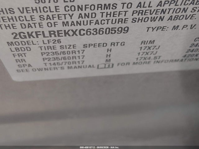 Aukcja sprzedaży 2012 Gmc Terrain Sle-1, vin: 2GKFLREKXC6360599, numer aukcji: 45810712